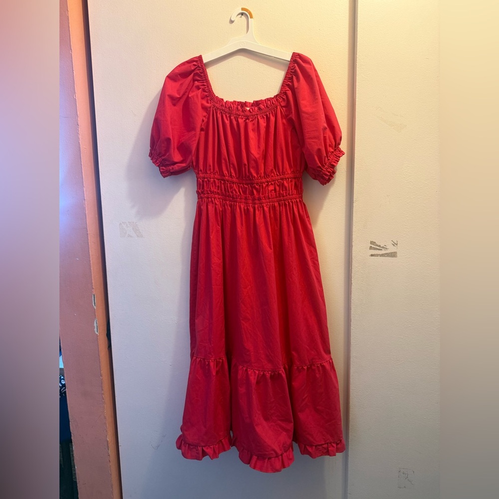 Red Puff-Sleeve Smocked Waist Midi Dress